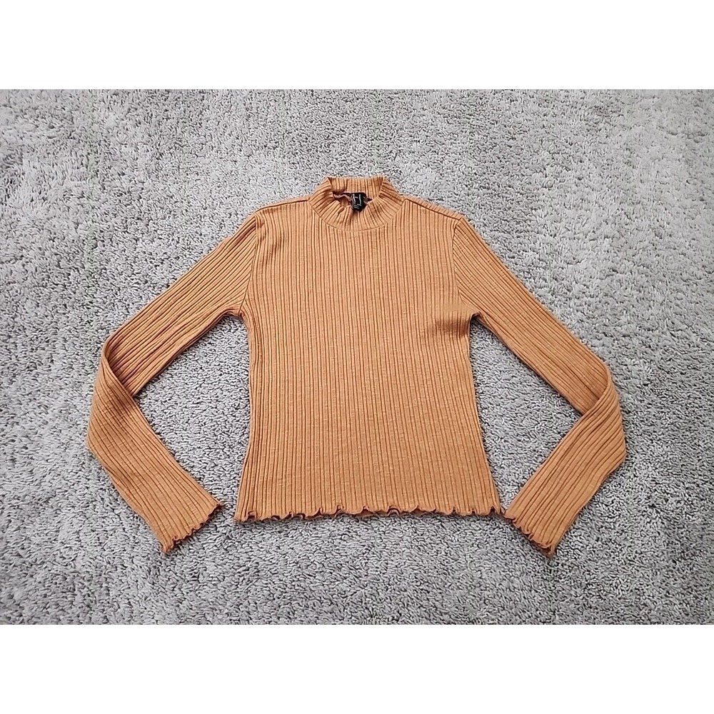 Forever 21 Mock Neck Top Womens Medium Orange Excellent Lettuce Edge Ribbed